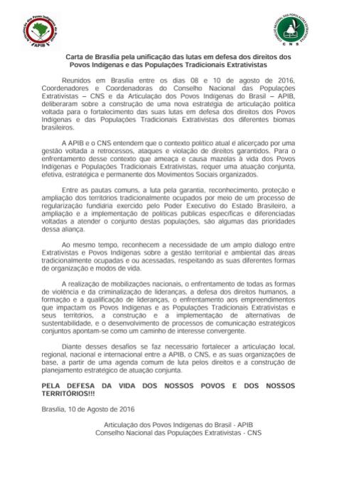 Carta pela unificação das lutas CNS-APIB